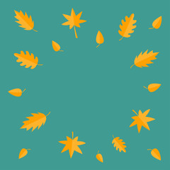 Autumn leaves frame. Yellow orange flying leaf set. Oak, maple, birch, rowan. Wind moving objects. Template for decoration. Green background. Isolated. Flat design.