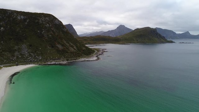 Flying over Haukland beach on Lofoten islands in Norway