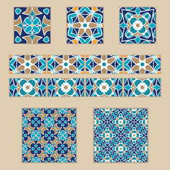 Vector set of Moroccan tiles and borders. Collection of colored patterns for design and fashion