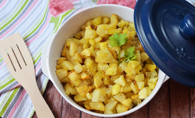 Fried potatoes slices in beautiful dishes
