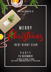 Christmas Party Invitation Flyer. Top view on Festive Decoration. Holiday Composition with Paper Gift Box and Confetti on Black Backdrop. Greeting Card with Lettering. Vector Illustration.