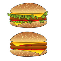 set of hamburger beef and vegetable, cheese. Vector on white background.