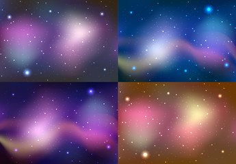 Set of space illustrations with stars and nebulae. Vector background for your creativity