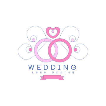 Cute line logo design with wedding rings and ornamental decoration