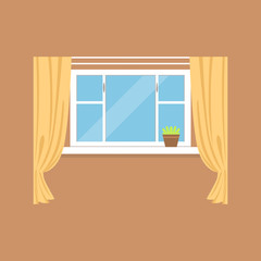 Flat window with curtains on brown wall