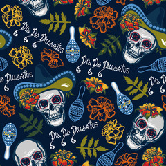 Dia De Muertos. Seamless pattern with skulls in hats with maracas, flowers with marigolds.Vector illustration.