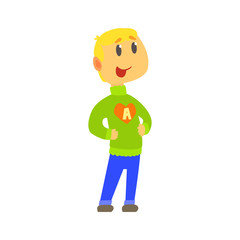 Boy in knitted sweater with letter A in heart