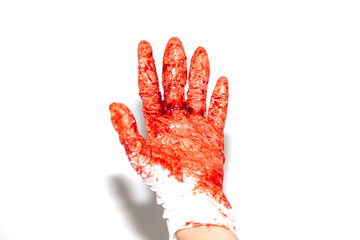 Bloody hand Gloves After surgery . Horror scary blood dirty handprint and fingerprint . For medical...