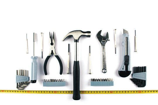 Set of various tools on white background.