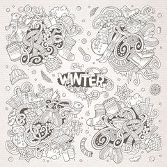 Cartoon set of Winter season doodles designs