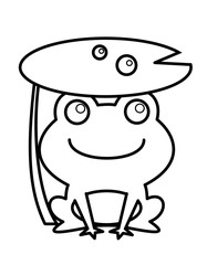 カエル(線画、葉、水滴)