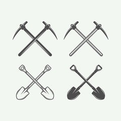 Set of retro mining or construction design elements in vintage style. Monochrome Graphic Art. Vector Illustration.