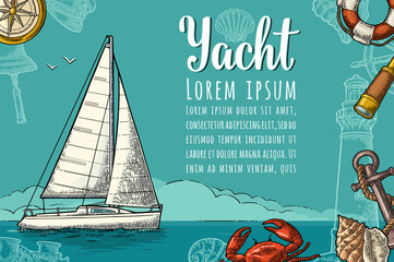 Horizontal poster for yacht club with text template. Vector engraving