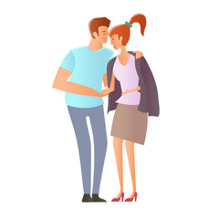 Young happy couple on a walk. Romantic date. The man gave the girl his jacket. Embracing lovers. Vector Illustration, isolated on white background.