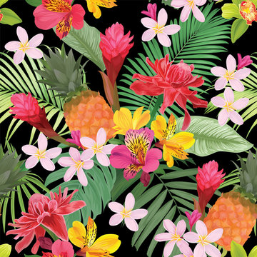 Tropical flowers seamless pattern with leaf on black background. Vector set of exotic tropical garden for wedding invitations, greeting card and fashion design.
