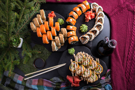 Christmas sushi delicious dish on dark table celebration new year 