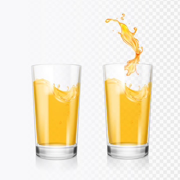 Orange Juice Splash In Glass. Vector Realistic