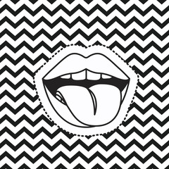 mouth and tongue sticker on pop art zig zag linear monochrome background