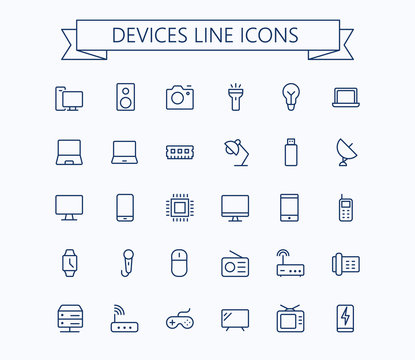Electronic devices vector thin line mini icons set. 24x24 Grid. Pixel Perfect.Editable stroke.