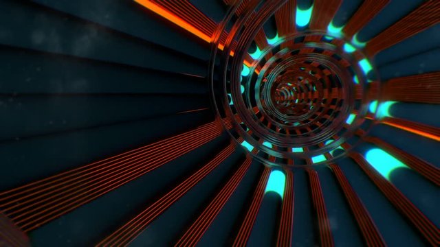 POV flight down a futuristic sci-fi like tunnel, with chrome spirals and neon type lighting on the tubes.  Seamless loop. This version has some glow and chromatic aberration applied.