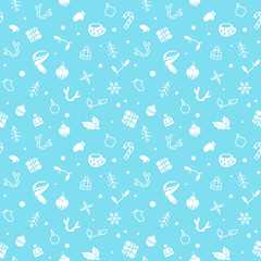 Vector seamless simple pattern with christmas symbols (tree, gift box, snowflakes, candy cane, toy). Holiday blue background for printing on fabric, paper for scrapbooking, gift wrap and wallpapers.