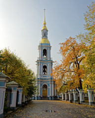 Bell tower with the clock of St. Nicholas Naval Cathedral in St. Petersburg, Russia