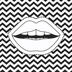 mouth open sticker on pop art zig zag linear monochrome background