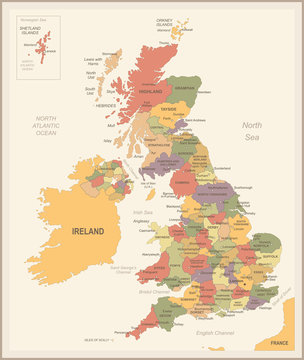 United Kingdom Map - Vintage Vector Illustration