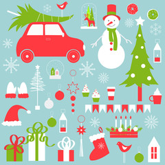 Christmas vector set  with snowman, cars and Christmas tree.
