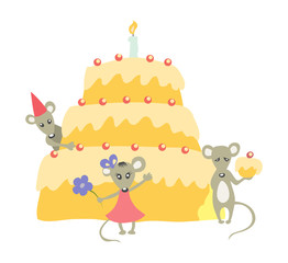 Birthday cake with candle and three cute mice. Isolated on white.