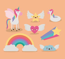 cute set fantasy elements unicorn rainbow cloud star heart with wings in color background