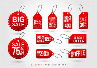 Set of red discount tags icon. big sale, special offer, big offer tag, Vector illustration style is flat iconic symbol, red color. Designed for websites and software interfaces