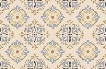 Foto auf Acrylglas Flowers pattern vector with ceramic print. Background with portuguese azulejo, mexican talavera, spanish, italian majolica motifs. © nataliiaku