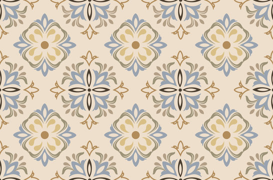 Flowers pattern vector with ceramic print. Background with portuguese azulejo, mexican talavera, spanish, italian majolica motifs.