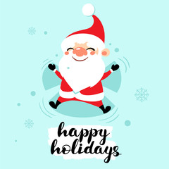 Happy Santa Claus makes snow angel on snowy background. Vector illustration of holidays and happiness in simple moments. Winter leisure activity. Happy holiday!