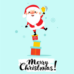 Happy Santa Claus with christmas bell. Merry Christmas lettering! Cartoon vector illustration.