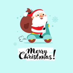 Santa Claus on a motorcycle with gifts in a bag. Cartoon vector illustration.Merry Christmas!