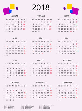 Kalender 2018 mit bunten Quadraten