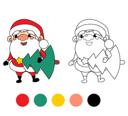 Santa Claus with christmas tree. Coloring book page. Cartoon vector illustration. Game for children