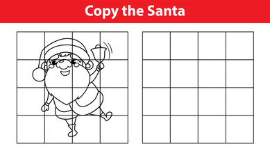 Copy the picture, education game for children:Santa Claus with christmas bell. Vector Illustration Cartoon. Page for children book