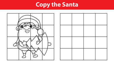Copy the picture, education game for children:Santa Claus with christmas tree. Vector Illustration Cartoon. Page for children book