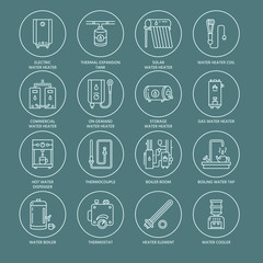 Water heater, boiler, thermostat, electric, gas, solar heaters and other house heating equipment line icons. Thin linear pictogram with editable strokes for hardware store. Household appliances signs.