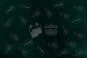 calendar and full shopping basket surrounded by reduction tags