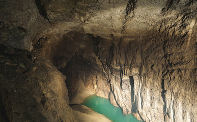 Malachite lake in the cave