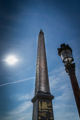 Egyptian Luxor obelisk with hieroglyphics. Place de la Concorde. Paris, France. 