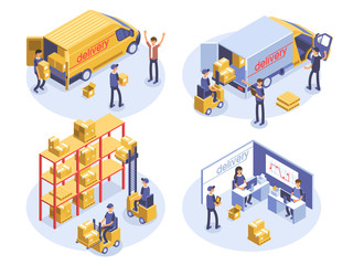 Fast delivery concept. Van, man and cardboard boxes. Product goods shipping transport. Isometric 3d illustration.