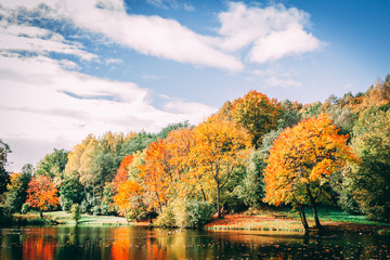 Autumn colorful forest reflected in the lake. Blue sky.