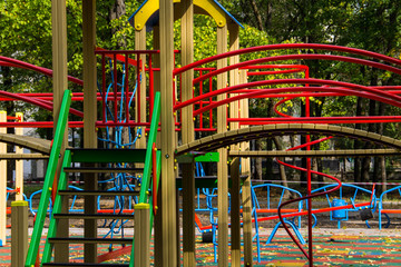 Colorful playground equipment for children in public park