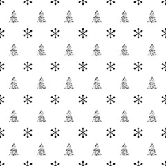 Christmas New Year seamless pattern with snowflakes christmas tree. Holiday background. Xmas winter decoration. Silver texture. Hand drawn vector illustration. Snow pattern. Wrapping gift paper.