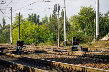 Red semaphore signal on the railway